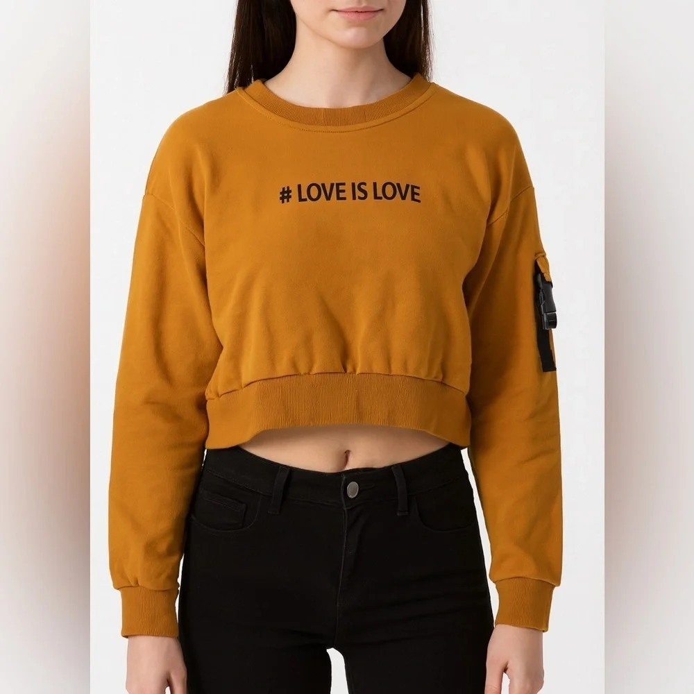 Love is Love Crop Sweatshirt, Mustard, Medium - Picture 1 of 8